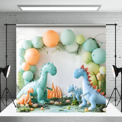 Safari Dinosaur Balloon White Wall Photo Backdrop - Aperturee