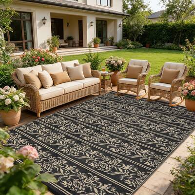 Garvee Waterproof Reversible Outdoor Rug - Boho Leaf Design - Large, UV & Mark Resistant, Collapsible Plastic Area Mat with 4...