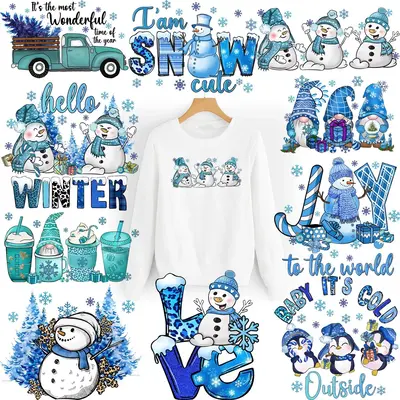Christmas Snowman Pattern Sticker Patches, 10pcs/set Heat Transfer Stickers for T-shirt, Jeans, Backpack & Hat Decor, Iron On...