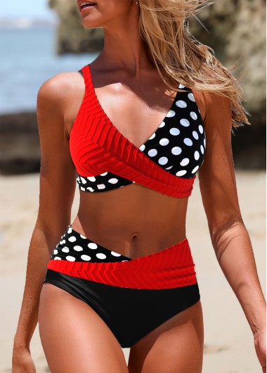 Modlily Criss Cross Polka Dot Red Bikini Set - L