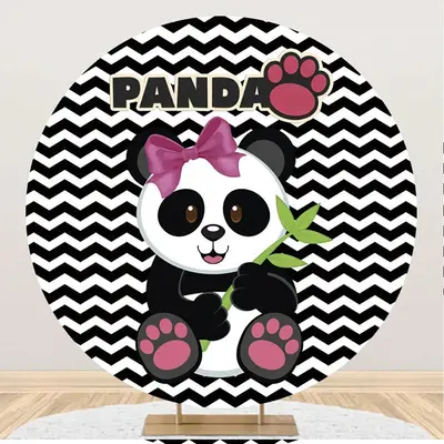 Round Black White Ripple Panda Baby Shower Backdrop - Aperturee