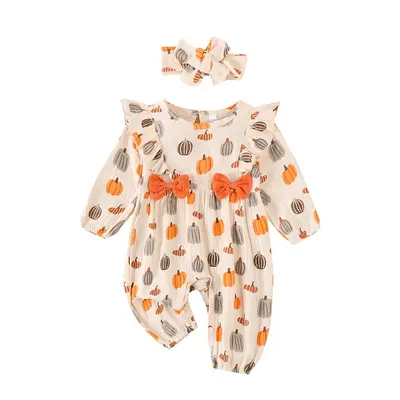 Halloween Newborn Baby Girl Clothes Boho Ruffle Linen Romper Pumpkin Jumpsuit Infant Outfits Halloween Clothing