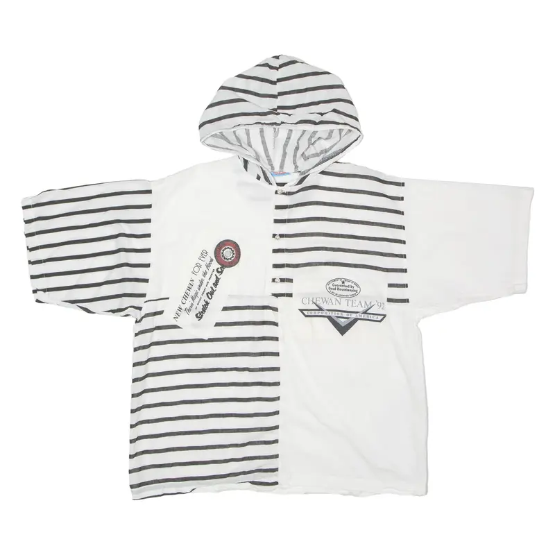 CHEWAN Striped Hooded Mens T-Shirt White Button Neck ONE SIZE