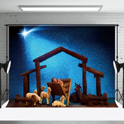 Aperturee Blue Starry Night Shed Nativity Christmas Backdrop