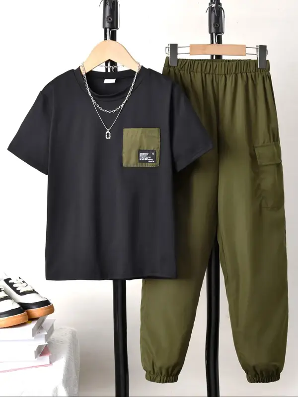 Two-Piece Set Boy's Letter Patched Short Sleeve Tee & Cargo Pants, Casual Round Neck T-shirt & Pocket Trousers for Summer, ...