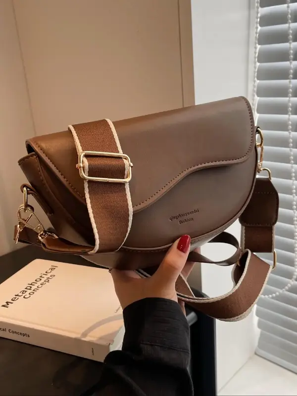 Women's Fashionable Solid Color Saddle Bag, Casual Versatile Crossbody Bag with Wide Shoulder Strap, Trendy All-match Commute...