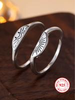 S925 Sterling Silver Unisex Cute Moon & Sun Design Rings, 2 Counts/set Vintage Trendy Promise Rings for Couple, Fashionable J...