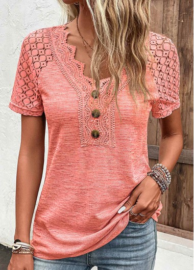 Modlily Orange Lace Short Sleeve V Neck T Shirt - XXL