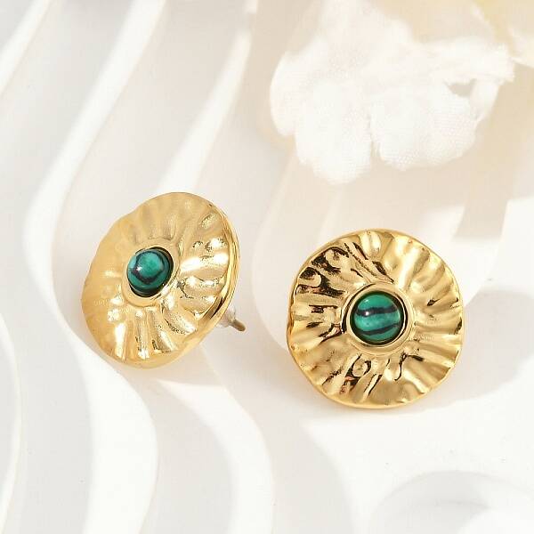 304 Stainless Steel Synthetic Malachite Stud Earrings