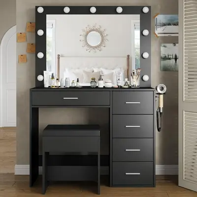 FUSOU 37W 5 Drawers Vanity Desk with Power Outlet, Makeup Table with Lighted Mirror, 3 Color Lighting Modes,Vanity Table Dr...