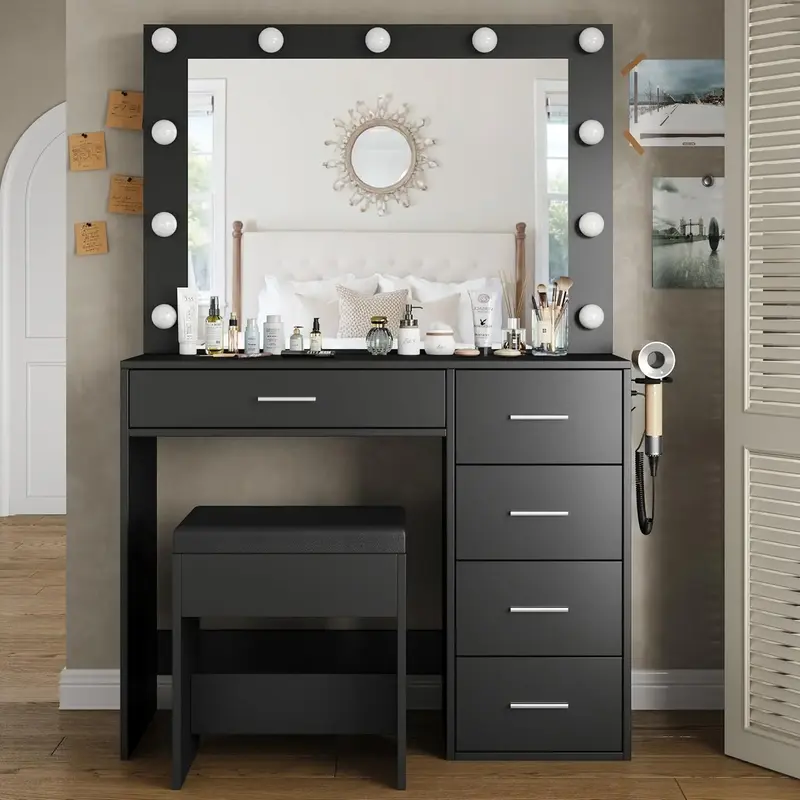 FUSOU 37W 5 Drawers Vanity Desk with Power Outlet, Makeup Table with Lighted Mirror, 3 Color Lighting Modes,Vanity Table Dr...
