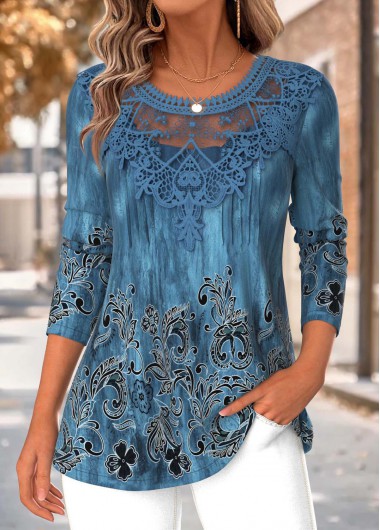 Modlily Peacock Blue Tummy Coverage Tribal Print T Shirt - M