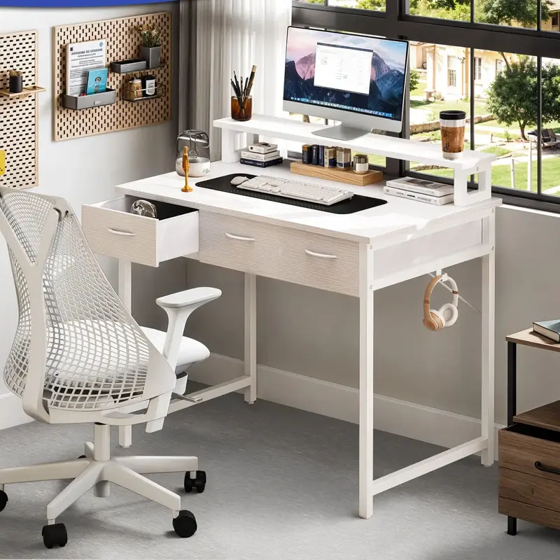 DWVO Small Computer Desk with Drawers, Office Desk with Monitor Stand for Small Spaces, Home Office Desks, Writing Desk Study...
