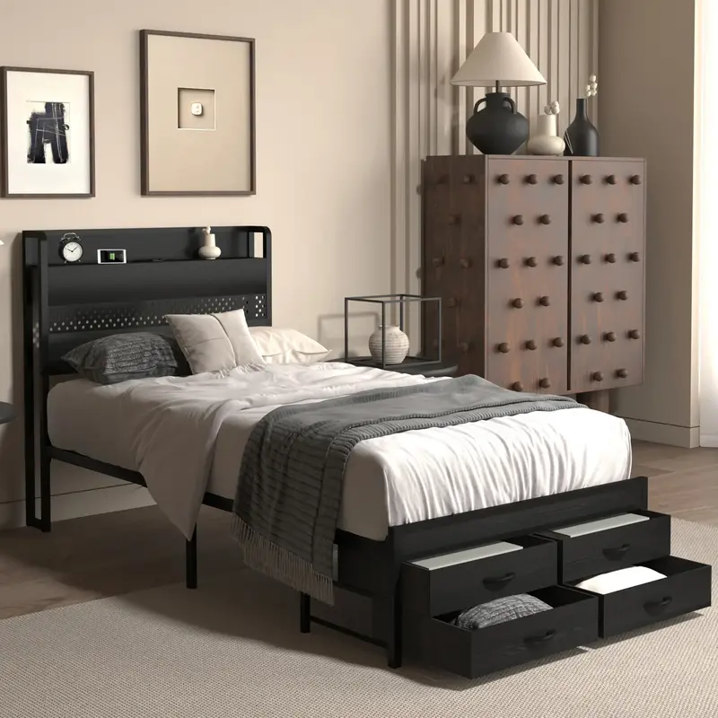 Twin Size Bed Frame with Storage Headboard and 4 Drawers, Metal Twin Platform Bed with Charging Station and LED Light, Heavy ...