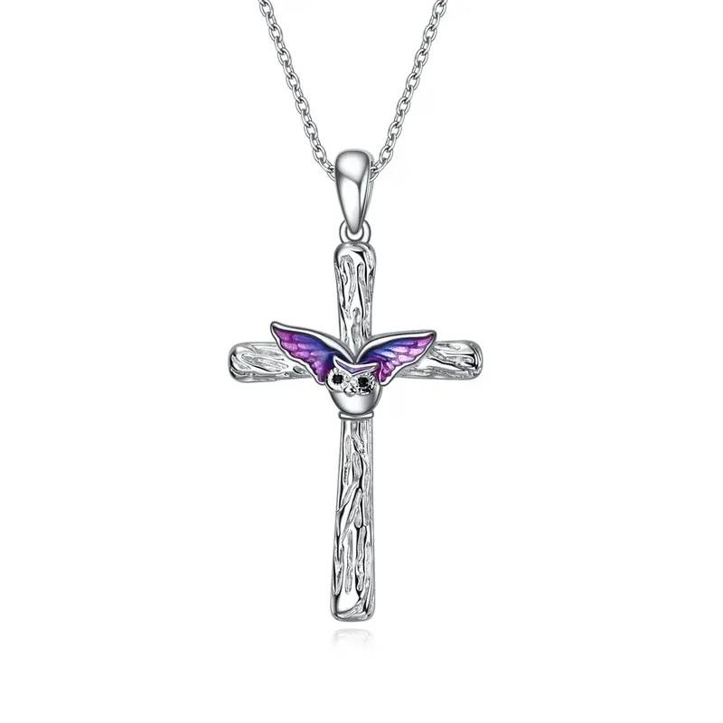 Sterling Silver Circular Shaped Cubic Zirconia Owl & Cross Pendant Necklace