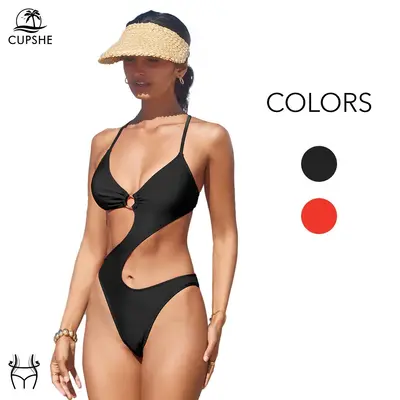 CUPSHE Trendy O-Ring Cutout One Piece Monokini Swimsuit Stylish Beachwear V Neck Cross Tie Back Straps Swimwear Summer Beach ...