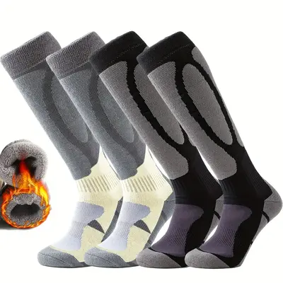1 Pair Winter Warm Ski Snowboard Socks for Men & Women, Outdoor Sports Hiking Cushioned Terry Towel Bottom Socks, Geometric P...
