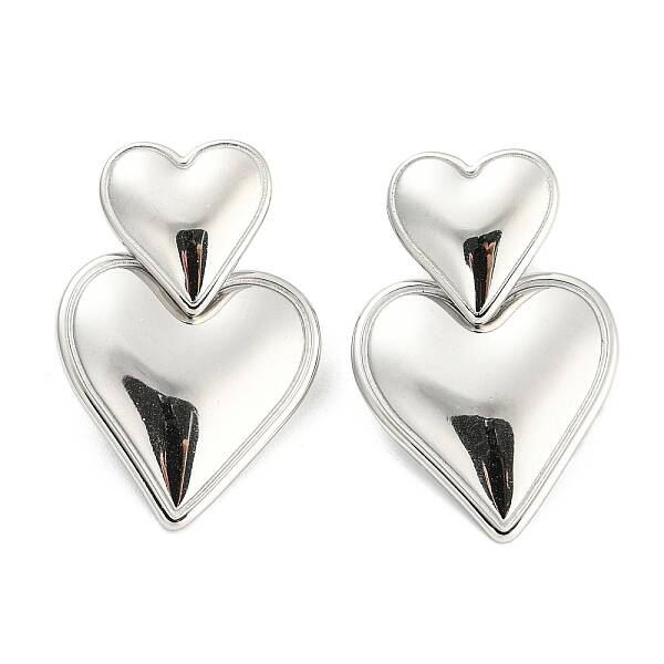 Non-Tarnish 304 Stainless Steel Double Heart Dangle Stud Earrings for Women
