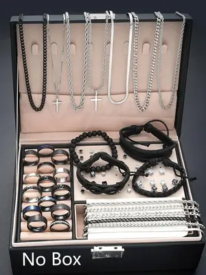 Men's Fashion Matching Jewelry Set, Casual Trendy Cross Charm Necklace & Black Braided Bracelet & Earrings & Rings & Chain Br...