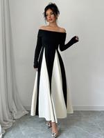 Women's Colorblock Off Shoulder Long Sleeve Dress, Elegant A Line Dress for Party Holiday Wedding Guest, Chic Ladies Spring &...