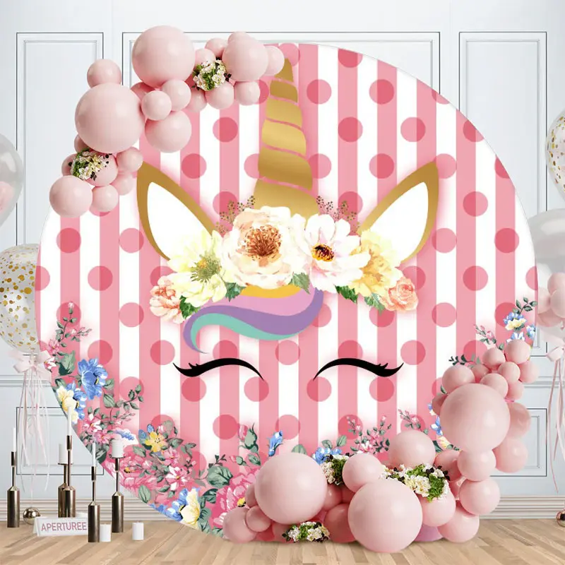 Aperturee Pink Floral And Unicron Round Birthday Backdrop
