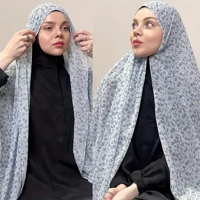 [1pc Elegant Pearl Hijab Scarf] 1pc Elegant Women's Pearl Chiffon Floral Print Long Hijab Scarf - Vintage Style, Non-Stretch,...