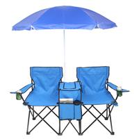 Portable Outdoor 2-Seat Folding Chair with Removable Sun Umbrella Blue umbrella chair
