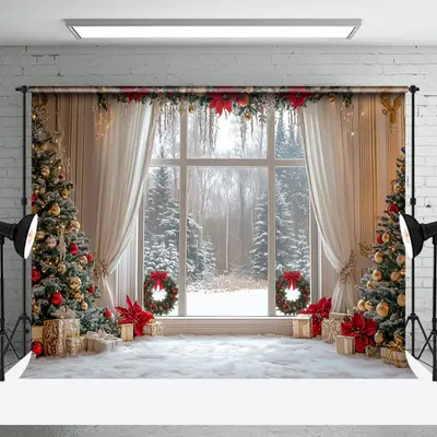 White Curtain Christmas Trees Window Scene Backdrop - Aperturee