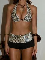 Two-Piece Set Women's Leopard Patchwork Print Halter Crop Top & Shorts Set, Fashion Chic Tie Back Cropped Top & Shorts Two-pi...