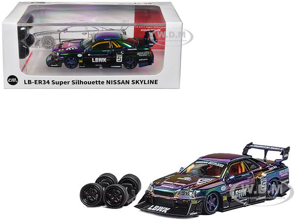 Nissan Skyline LB-ER34 Super Silhouette RHD (Right Hand Drive) #5 Chameleon Metallic with Extra Wheels 1/64 Diecast Model Car...