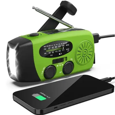 Emergency Hand Crank Radio with 2000mAh Power Bank, AM/FM/NOAA Weather Radio with Flashlight, Solar Powered USB Rechargeable ...