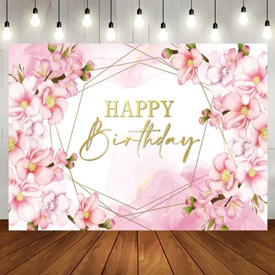 Pink Floral Bud Watercolor Happy Birthday Backdrop - Aperturee
