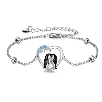 Sterling Silver Two-tone Zircon Penguin & Heart Charm Bracelet