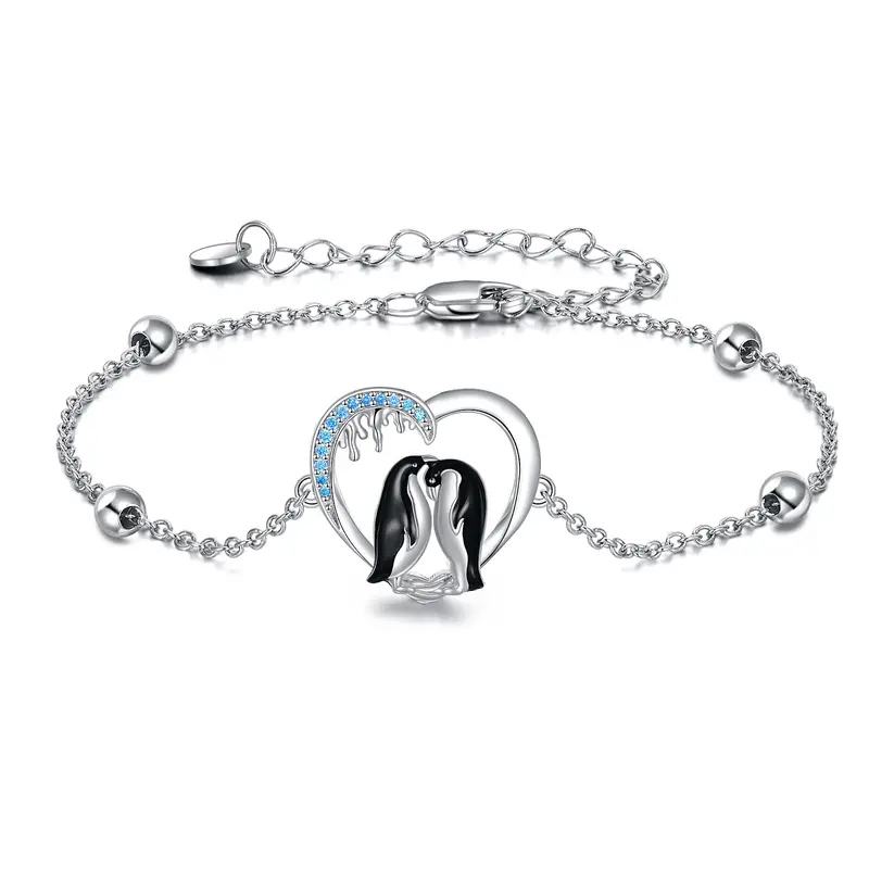 Sterling Silver Two-tone Zircon Penguin & Heart Charm Bracelet