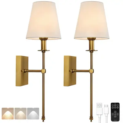 BLUEYE Rechargeable Wall Sconces(2Bulbs Included),6-Inch Lamp Shade,Remote Control,3CCT,40W Equivalent,300Lumens,Detachable C...