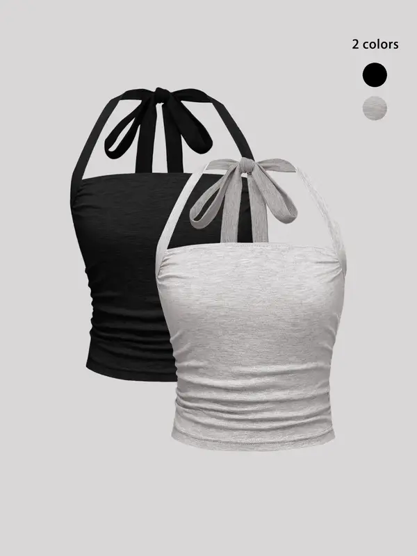 Women's Plain Ruched Tie Back Halter Crop Cami Top, Summer Clothes Women, Casual Sleeveless Crop Top for Summer, Summer Ou...