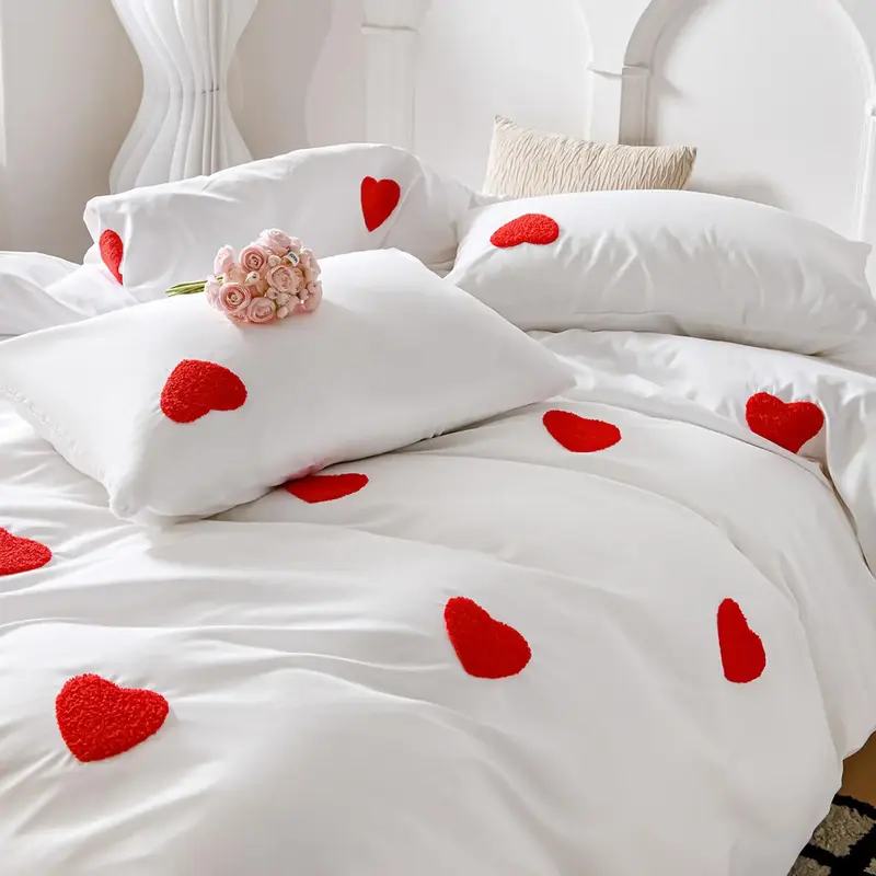 Romance Heart Embroidery Print Duvet Cover & Pillowcase Set without Filler, Christmas Decor Soft Comfortable Bedding Set, Com...