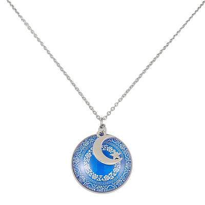 Steel Blue Glass Flat Round & Alloy Pendant Necklace