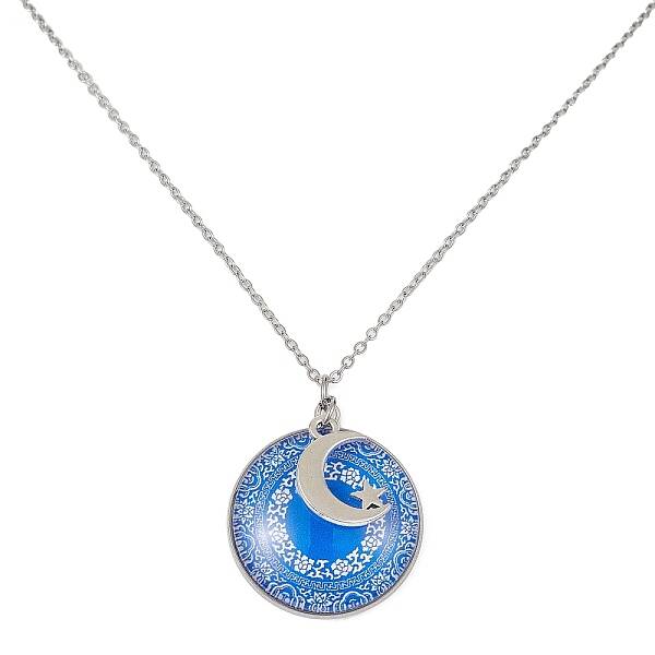 Steel Blue Glass Flat Round & Alloy Pendant Necklace