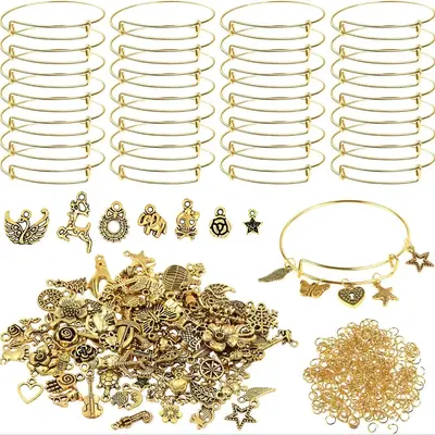 DIY Wristbands Making Kit, 90pcs/set Including 10 Adjustable Metal Bracelets, 30 Random Pendants & 50 Open Rings, Jewelry Mak...