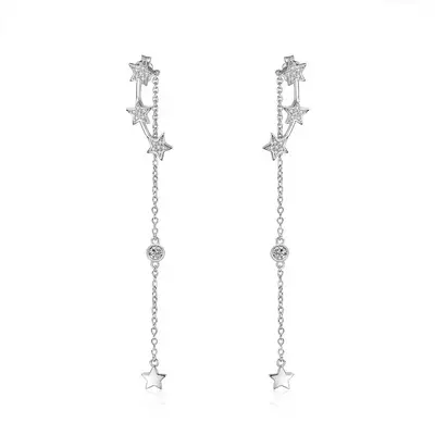 Sterling Silver Five-Pointed Star Cubic Zirconia Drop Earrings For Women