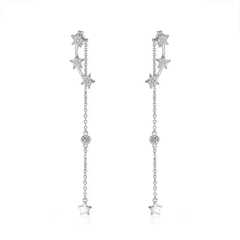 Sterling Silver Five-Pointed Star Cubic Zirconia Drop Earrings For Women