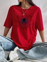 Women's Spider & Heart Print Drop Shoulder Tee, Street Fashion Casual Short Sleeve Round Neck T-Shirt for Daily Holiday Vacat...