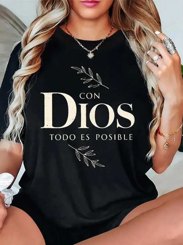 Women's Letter & Leaf Print Round Neck Tee, Casual Short Sleeve Crew Neck T-shirt for Summer, Fashion Women's Top for Daily W...