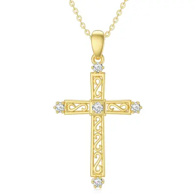 14K Gold Cubic Zirconia Hollow Cross Pendant Necklace