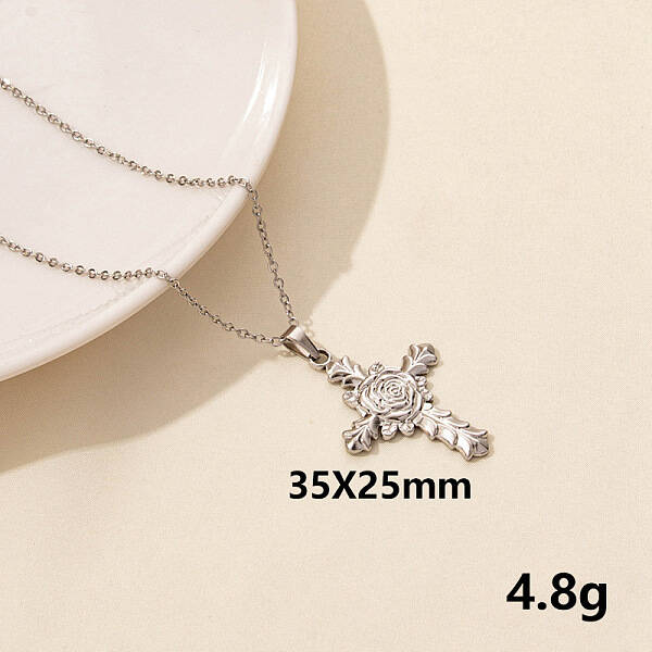 Stainless Steel Cross with Rose Pendant Necklace