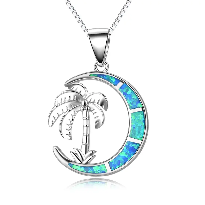Sterling Silver Opal Coconut Tree Moon Necklace for Women Men