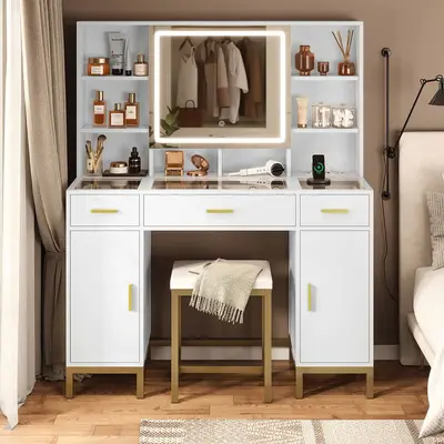 Sikaic Makeup Vanity Set With Mirror And Lights Charging Station Furniture Luxury Modern Design Bedroom Storage