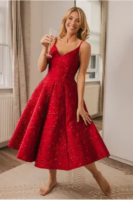 Goddiva Jacquard Sleeveless A-line Midi Dress - Red