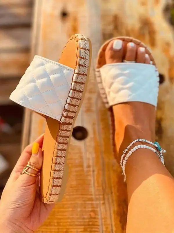 Women's Summer 2024 Fashion Plain Quited Pu Leather Band Texture Non-slip Flat Sandals, Outdoor Casual Travel Beach Vacation ...
